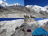 Rolwaling 06 09 Chugimago, Drolambau Icefall And Parchamo, Drolambau Icefall, Campsite - All From Trakarding Glacier Upper left: Chugimago above the Trakarding Glacier. Upper right: Our trail to the Tashi (Tesi) Lapcha pass goes up the east side of the Drolambau Glacier, so we continued past the Drolambau Icefall. Lower left: The Drolambau Icefall. Lower right: The trail passes the Drolambau Icefall to our camp just below the steep rocks to the Drolambau glacier.